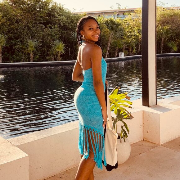 Blue Halter Dress Asymmetrical Fringe, XS - Picture 2 of 8